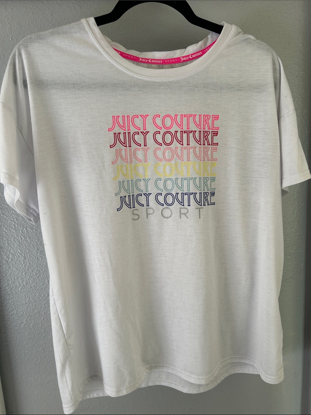 Juicy Couture White Tee with Rainbow Stacked Logo